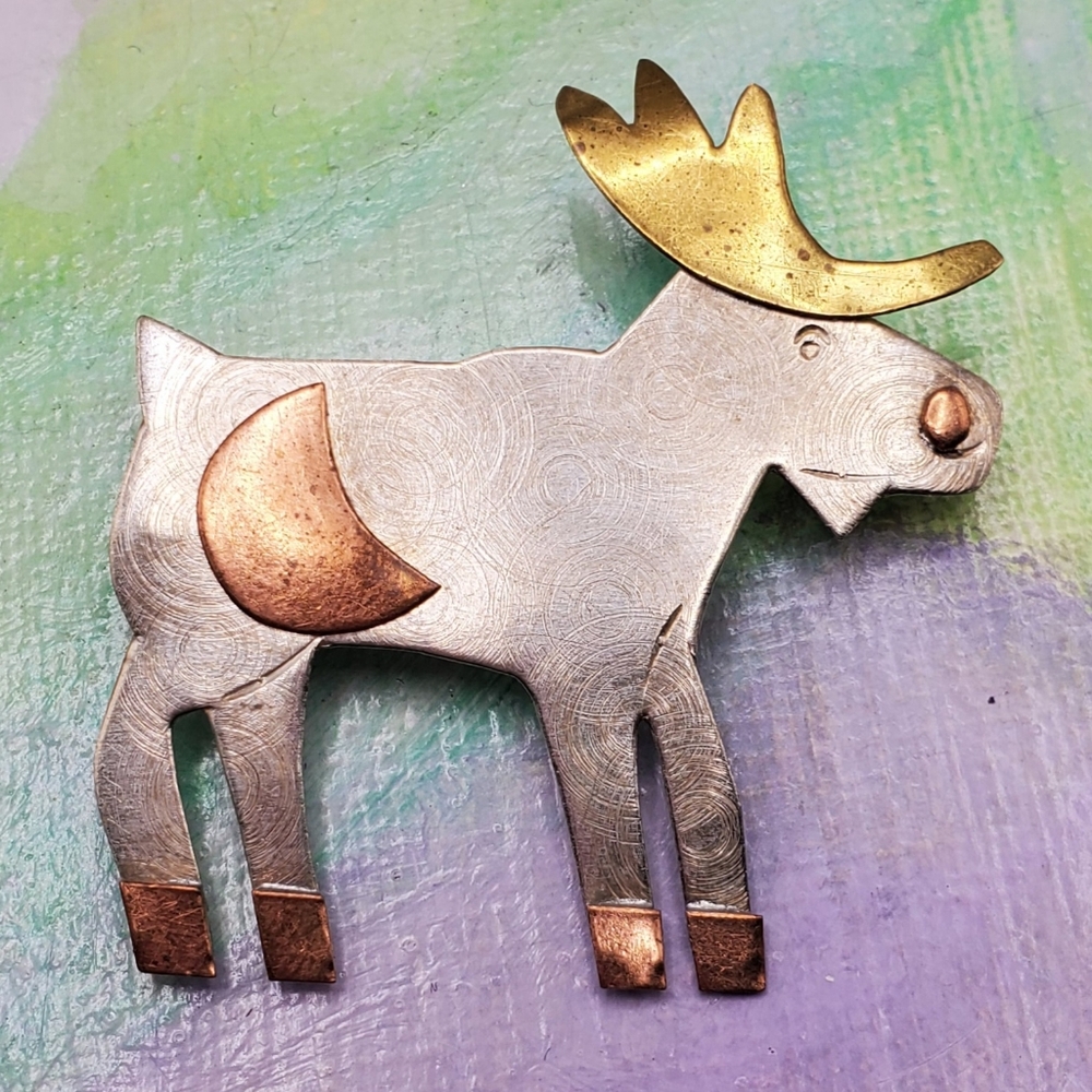 Moose Brooch Tin Brass Copper Rustic Country